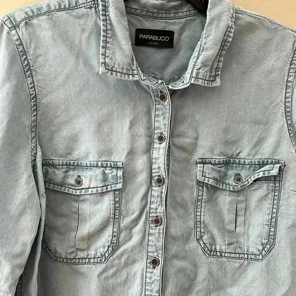 ❤️2/$40❤️[M]Parasuco Light Denim oversized Long Sleeve Button Tunic Dress Shirt - Picture 2 of 7